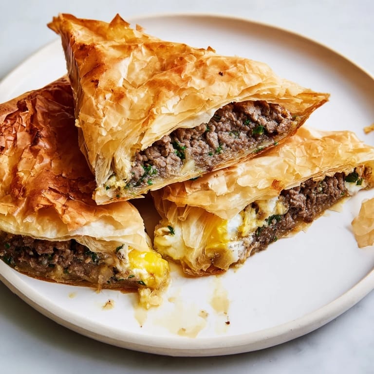 A close-up of a freshly fried Tunisian brik, showcasing the flaky phyllo and delicious meat filling.