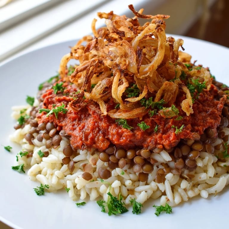 Vibrant red tomato sauce cascades over the layers of the Egyptian Koshari dish, tempting the senses.