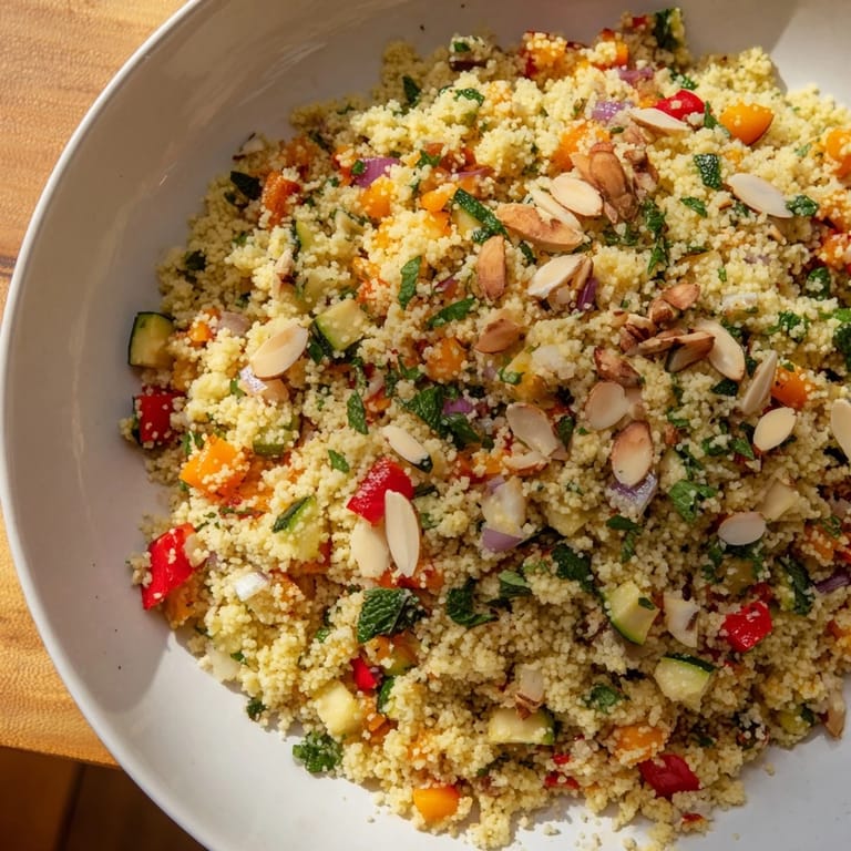A bright bowl showcasing Moroccan couscous salad, filled with roasted vegetables and drizzled lemon dressing.