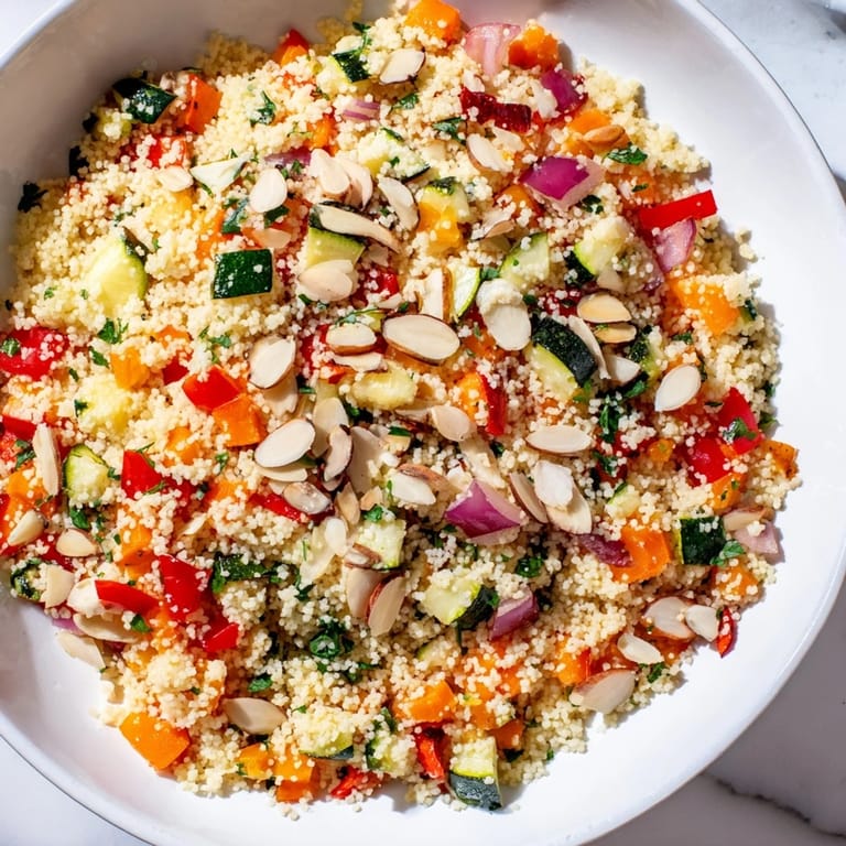 Close-up of a flavorful Moroccan couscous salad, highlighting the tender couscous and vibrant ingredients.
