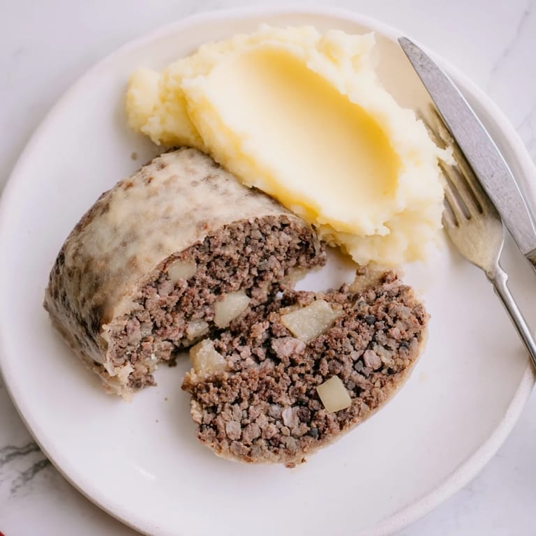 Close-up of golden-brown Scottish haggis glistening, cut open to reveal a flavorful, spiced meat and oat blend.