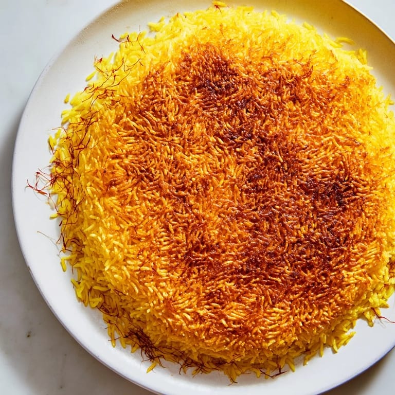 A close-up reveals the amazing, caramelized crust of this Persian Tahdig rice, perfect for a feast.