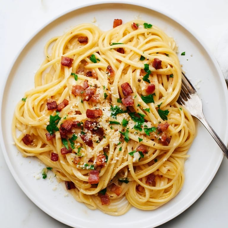 Golden crispy bacon and al dente linguine tossed in a creamy, garlicky sauce on a plate.