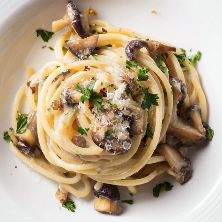 Steam rises from Creamy Mushroom Linguine, featuring plump cremini mushrooms, minced garlic, and a sprinkle of black pepper, ready for a comforting family dinner.