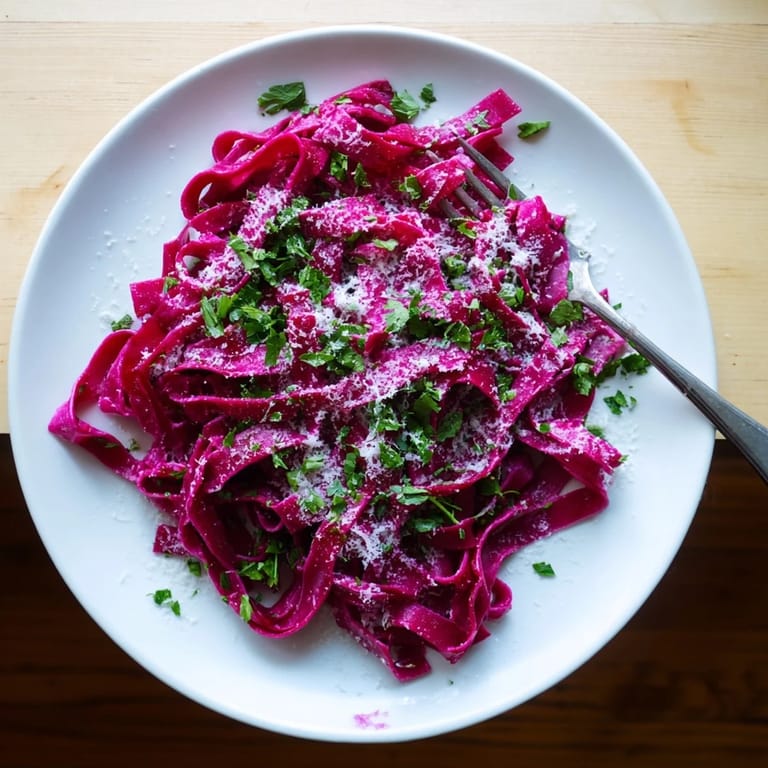 Close-up view of al dente Beet Noodle Pasta garnished with shaved Parmesan and a sprig of basil, ready to serve.