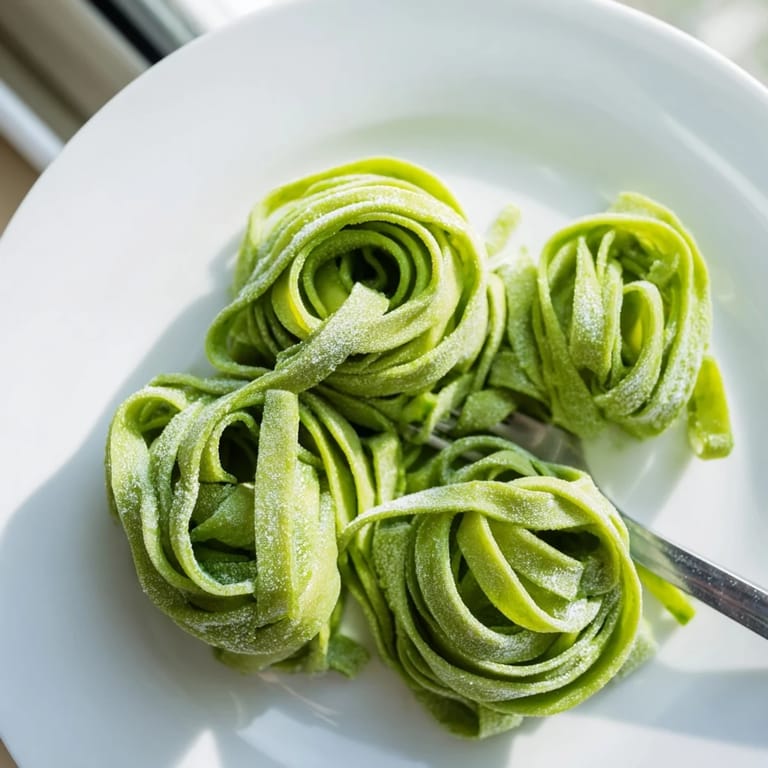 A close-up of rolled-out spinach pasta dough, highlighting its rich color and fresh, homemade appearance in a rustic kitchen.