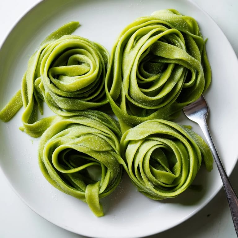 Homemade spinach pasta dough, cut into delicate ribbons, glistening with a light dusting of flour before cooking.