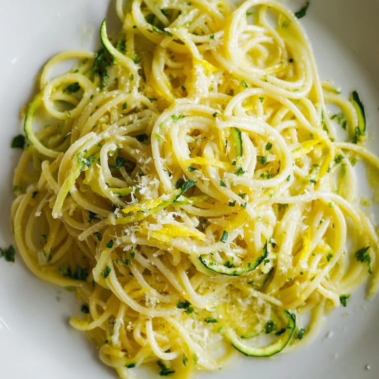 A serving of warm Lemon Zucchini Pasta in a white bowl, featuring bright yellow lemon zest and tender-crisp zucchini ribbons.