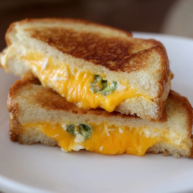 A hand holding a warm Jalapeño Popper Grilled Cheese, cut diagonally to reveal the spicy, creamy interior and melted cheese pull.
