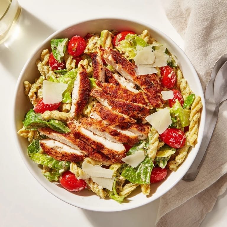 A close-up shows vibrant cherry tomatoes and parmesan cheese topping the hearty Spicy Chicken Caesar Pasta in a white ceramic bowl.
