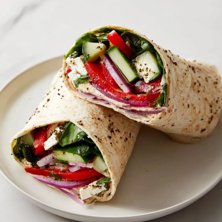 A vibrant Mediterranean Veggie Wrap halved on a plate, perfect for a light vegetarian lunch.