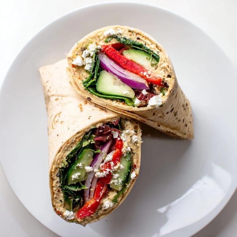 Fresh Mediterranean Veggie Wrap with tangy feta, crisp spinach, and sliced roasted peppers.