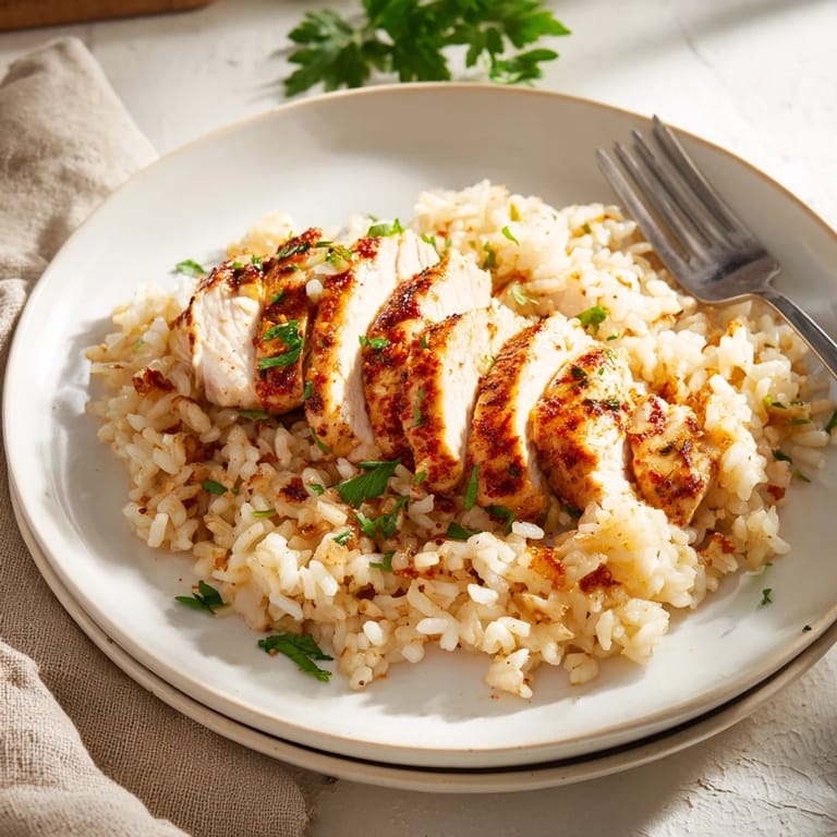 Tender grilled chicken breast rests atop steaming garlic butter rice, with fresh parsley and lemon wedges for a vibrant, flavorful finish.