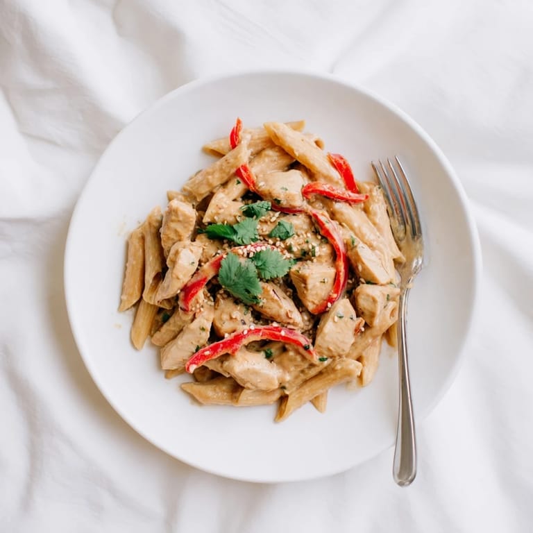 A vibrant plate of sweet chili chicken pasta featuring golden chicken pieces coated in a glossy, creamy sauce next to al dente penne.