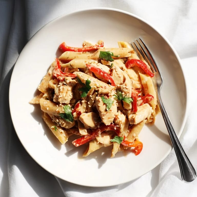 Steaming sweet chili chicken pasta served with sliced spring onions and a lime wedge, highlighting the fusion of Asian and Italian flavors.