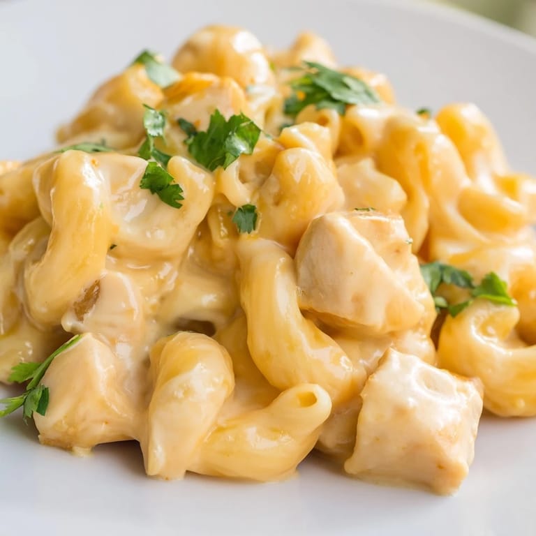 Close-up of Green Chili Chicken Mac, showing cheesy macaroni with chicken pieces and chopped cilantro garnish on a rustic plate.
