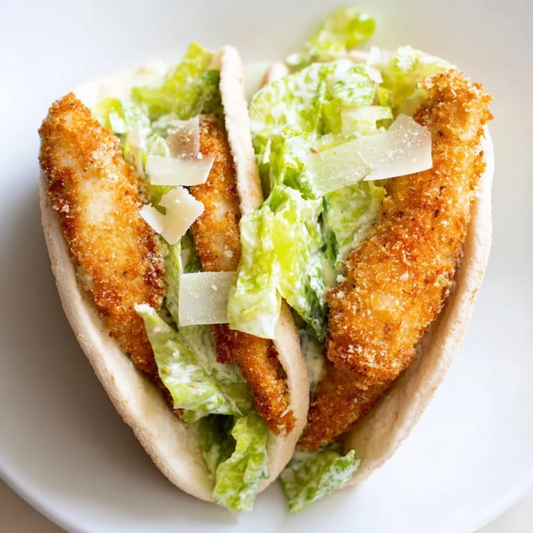 Freshly assembled Crispy Herbed Chicken Caesar Pitas with juicy chicken strips, Caesar salad, and lemon wedges ready to serve.