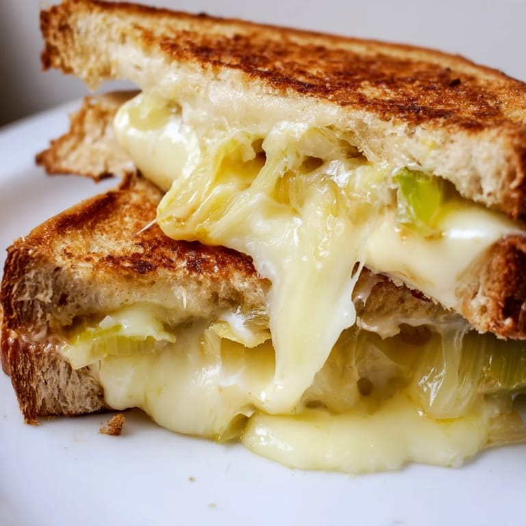 Hearty Havarti & Caramelized Leek Grilled Cheese rests on a wooden board, perfect for pairing with a steaming bowl of tomato soup.