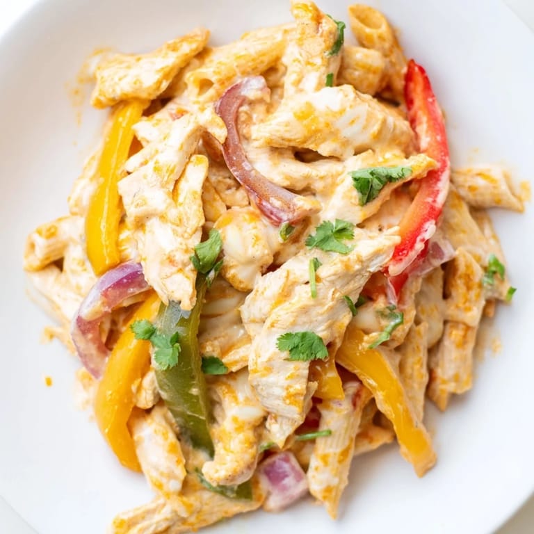 A vibrant Fajita Chicken Pasta Skillet in a cast-iron pan, featuring sizzling chicken strips, sautéed peppers, and a rich, cheesy sauce.