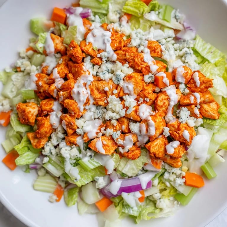 Freshly chopped romaine lettuce topped with tender buffalo-style chicken, diced celery, red onion, and crumbled blue cheese for a zesty lunch.