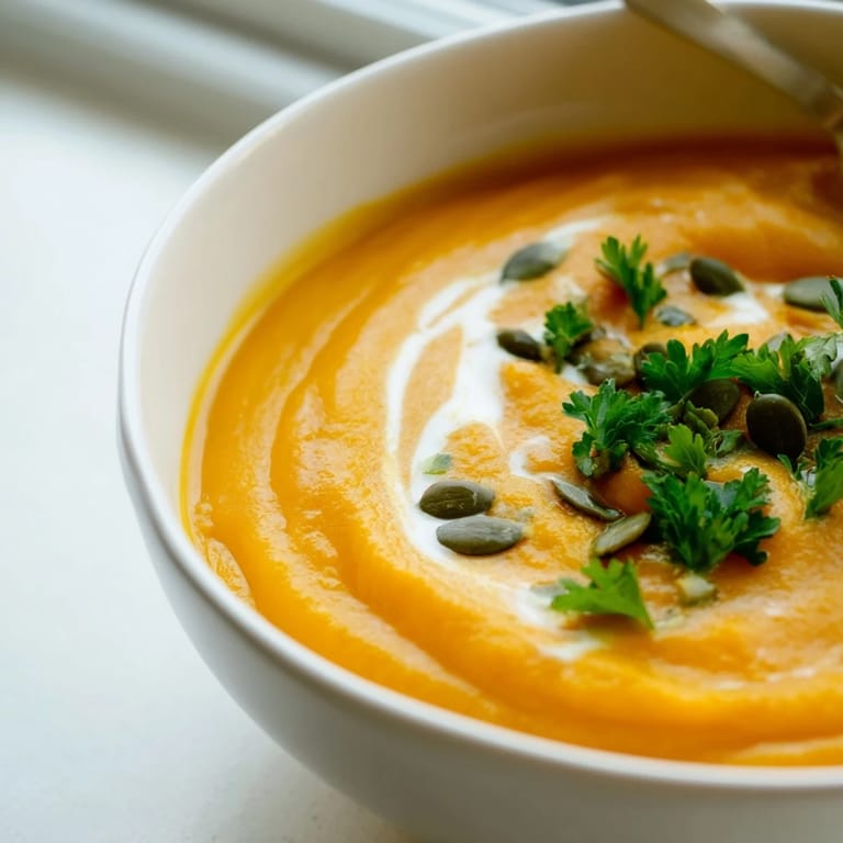 A ladle scooping velvety Butternut Squash and Apple Soup from a pot, highlighting its smooth, orange texture.