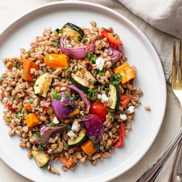 Bright Mediterranean farro bowl with caramelized roasted vegetables, balsamic glaze, and optional feta cheese served warm or at room temperature.