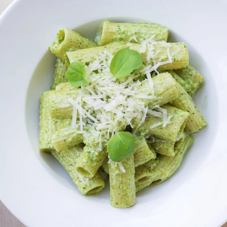 Creamy Avocado Pesto Mac is plated and ready to serve, featuring a rich, bright green sauce with melted Parmesan and a sprinkle of cracked black pepper.