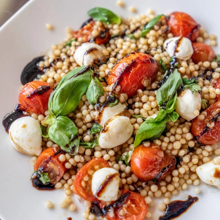 Close-up of Caprese Couscous Salad featuring halved cherry tomatoes, mozzarella balls, and glossy balsamic drizzle.