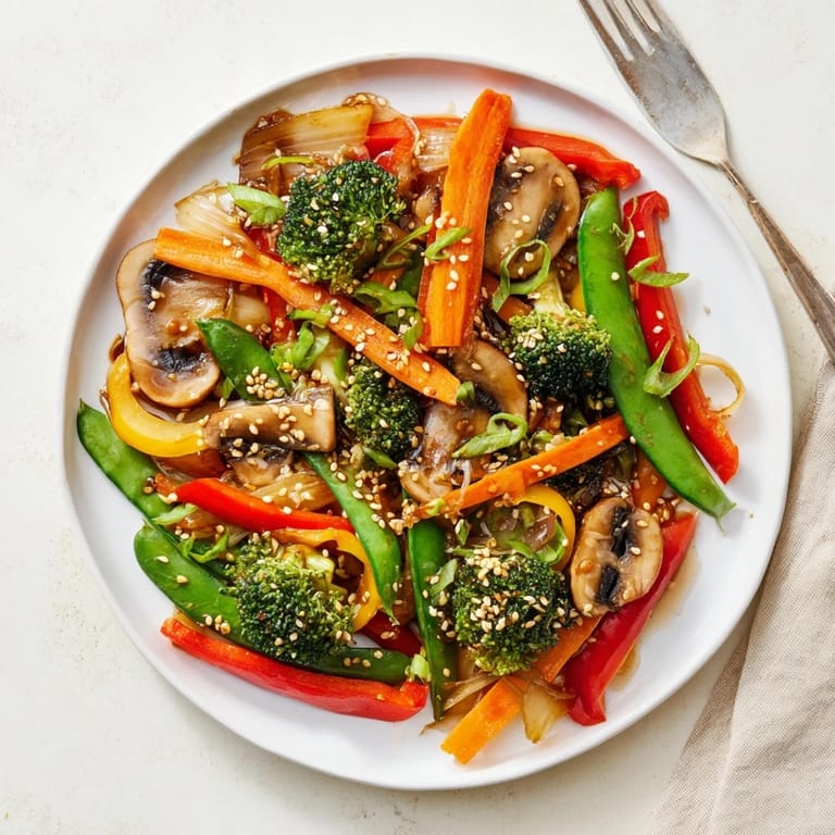 Freshly tossed ginger stir-fried vegetables with broccoli, carrots, and snap peas, topped with toasted sesame seeds and green onions.