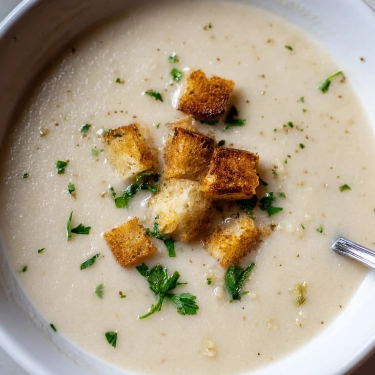 Comforting roasted garlic soup in a rustic bowl, featuring a smooth, savory broth perfect for chilly evenings.