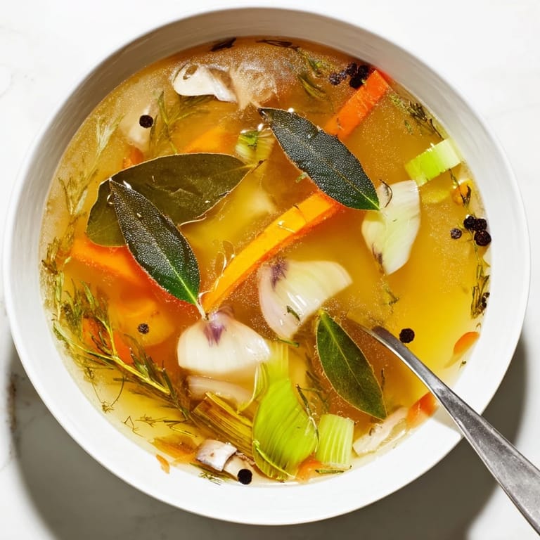 Golden strained Vegetable Broth From Scraps in a bowl, garnished with parsley, resting on a rustic wooden table.