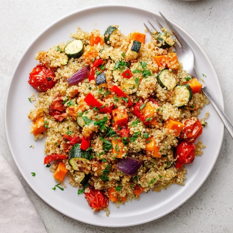 Close-up of fluffy quinoa vegetable pilaf topped with colorful roasted bell peppers, zucchini, and tomatoes.