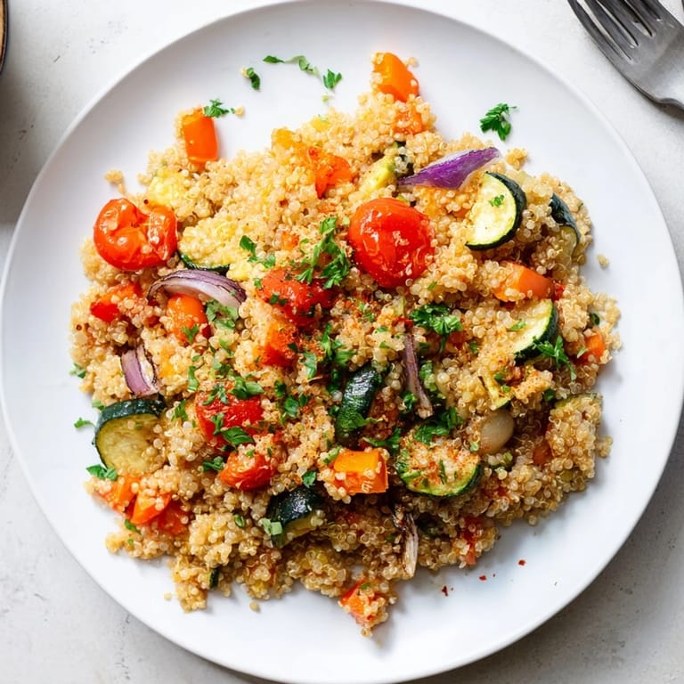Spoon-ready quinoa vegetable pilaf served warm from the skillet, garnished with parsley and mint.