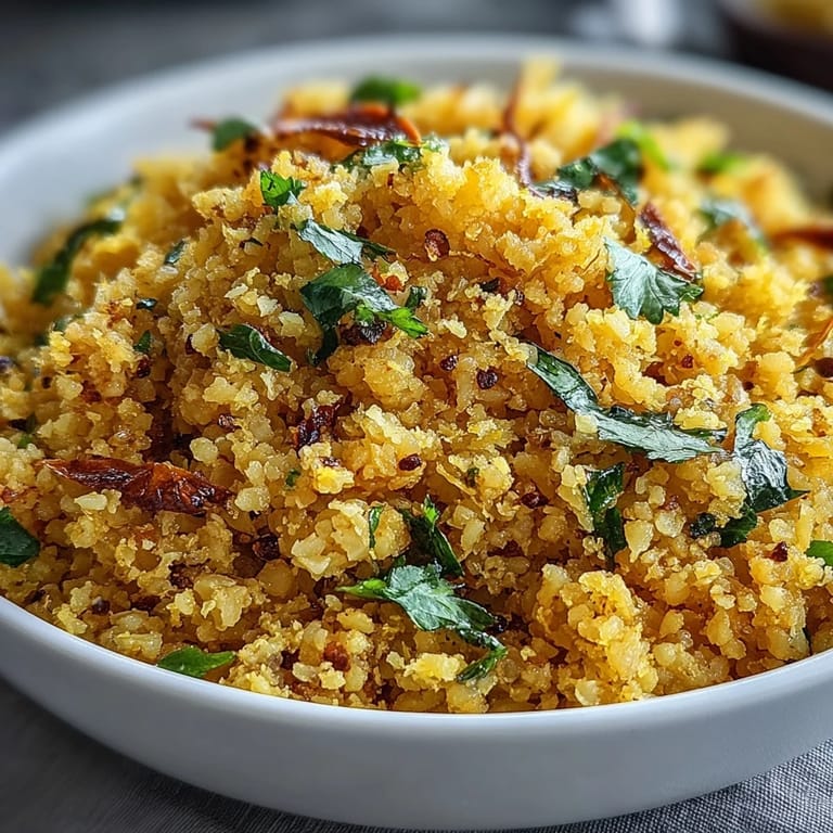 A close-up of fluffy turmeric cauliflower rice, seasoned with cumin and garnished with fresh parsley.