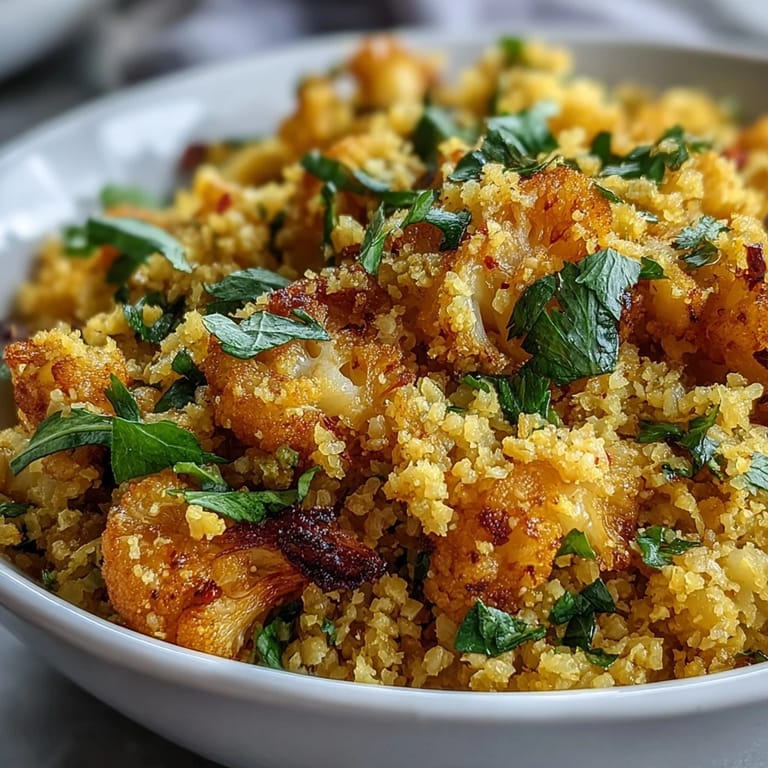 Warm turmeric cauliflower rice plated with a sprinkle of chili flakes and a drizzle of lemon.