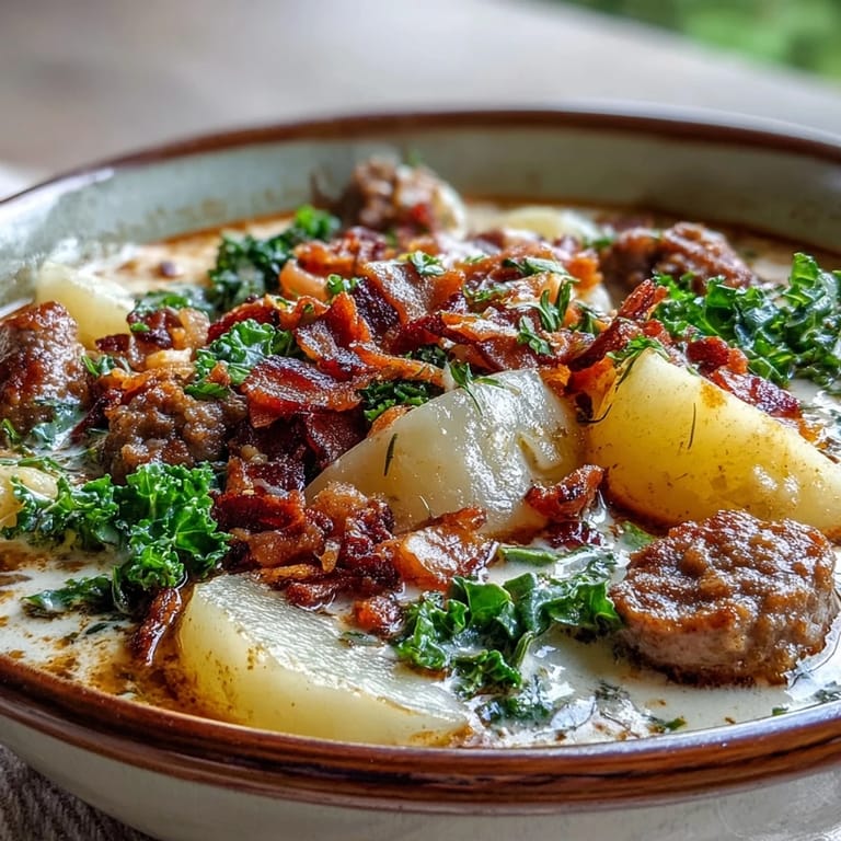 Family-style Italian Sausage Soup steaming in a pot with sliced potatoes and kale, ready to serve with crusty bread.