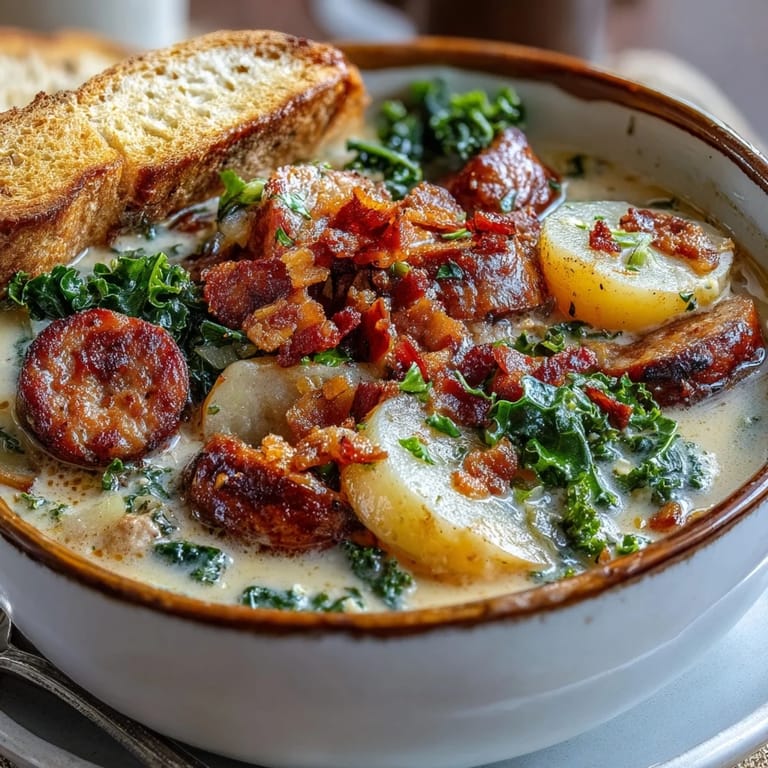 A bowl of comforting Italian Sausage Soup ladled with crispy bacon bits, sliced sausage, and wilted greens.
