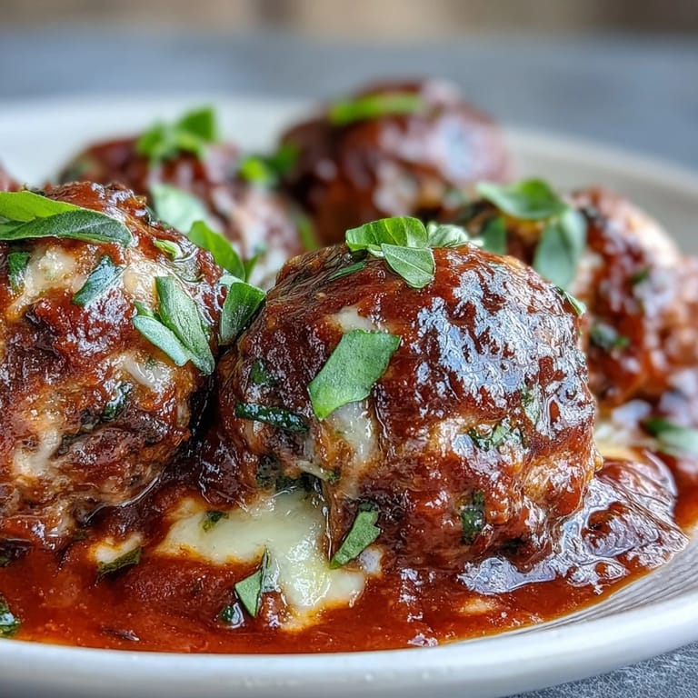 Golden-brown meatballs with melted mozzarella peek from a skillet of vibrant marinara, ready to be served over gluten-free pasta.