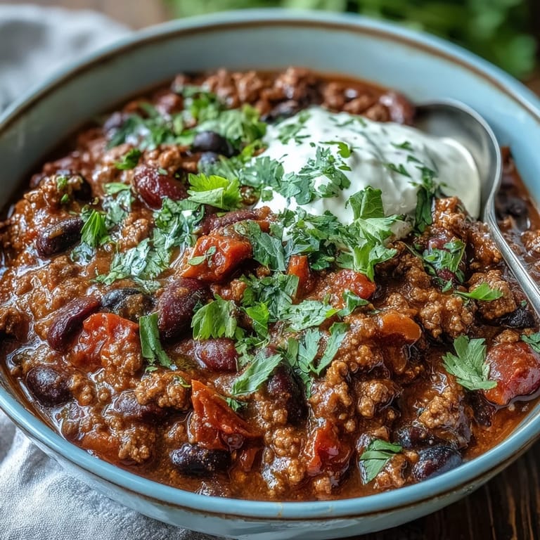 Large slow cooker filled with bubbling Slow Cooker Chili served alongside cornbread and fresh cilantro garnish.