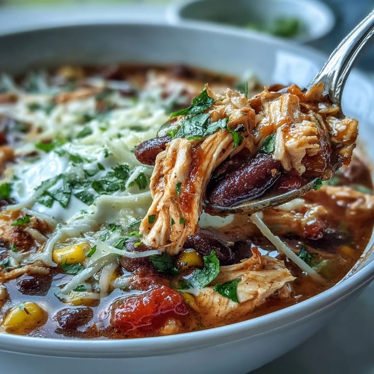 A spoon scoops tender chicken, black beans, and corn from this flavorful Instant Pot Chicken Tortilla Soup.