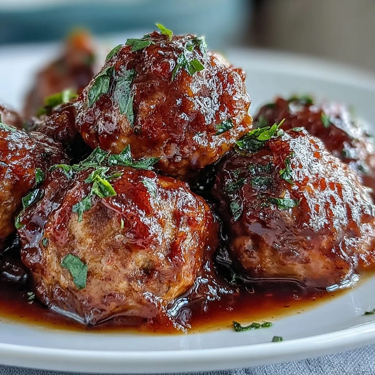 Tender beef meatballs coated in Slow Cooker Peach Glazed Meatballs, perfect for game day appetizers.