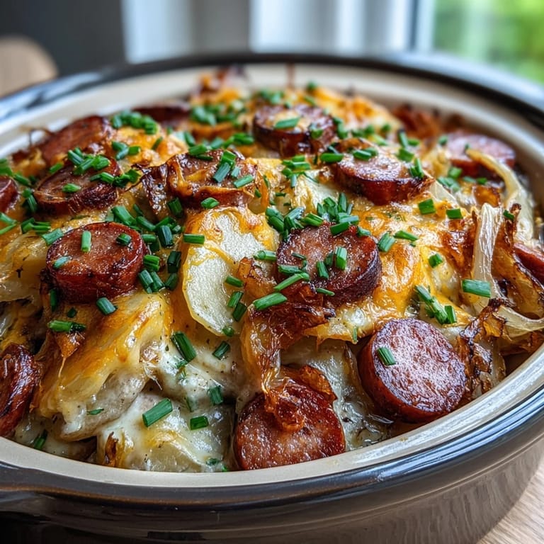 Cheesy sauce bubbling over a golden-brown Crockpot Pierogi Casserole With Kielbasa, served in a bowl with fresh chives on top.
