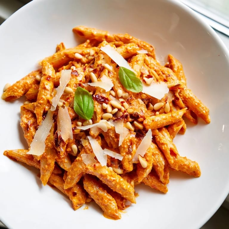 A vibrant serving of Sun-Dried Tomato Pesto Pasta, garnished with extra cheese and basil leaves.
