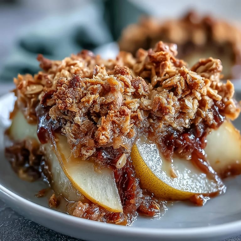 Bubbling Pear Crumble cooling on a counter, ready to be scooped into a rustic bowl for a comforting dessert.