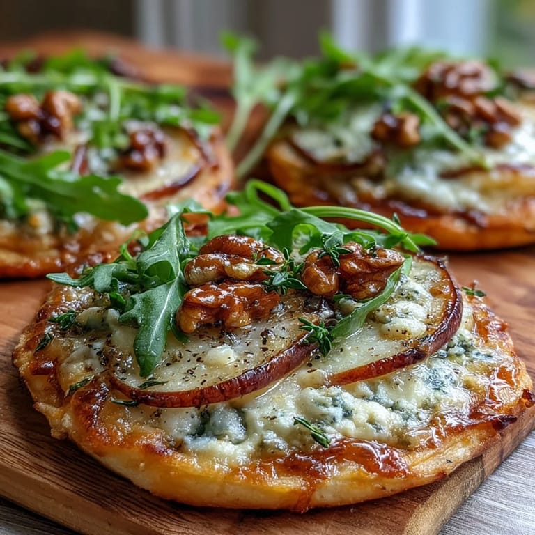 Rustic pizzettes with crumbled Gorgonzola, sliced pear, and pickled walnuts on a golden, crisp base.