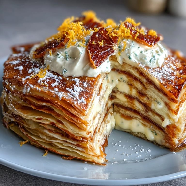 A whole Blood Orange Curd Crêpe Cake is garnished with fresh orange slices and powdered sugar for a dessert table.