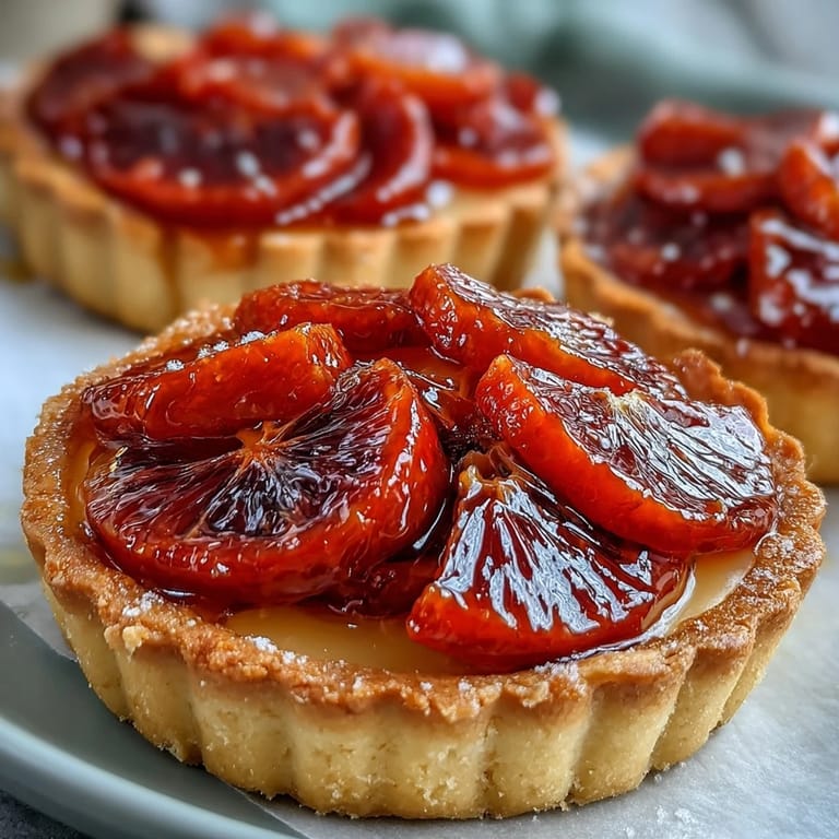 Individual Blood Orange Tarts with flaky golden crusts, smooth custard filling, and glossy blood orange rounds, perfect for a make-ahead dessert.