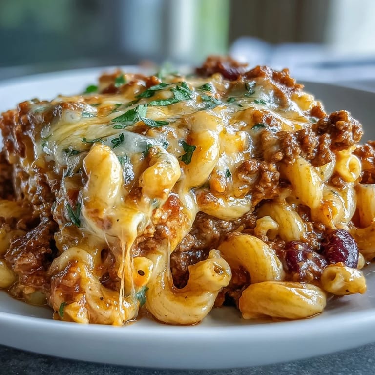 A serving of One-Pan High Protein Chili Mac topped with sour cream and green onions on a rustic table.