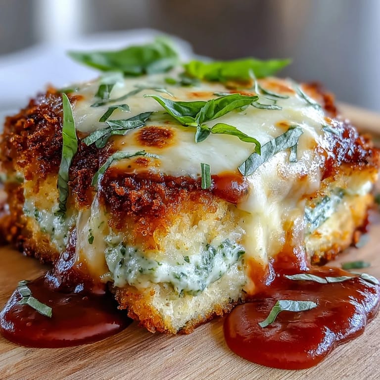 Fresh basil garnish accents this cheesy Pesto Chicken Parmesan, presented on a white plate with a rustic wooden table backdrop.