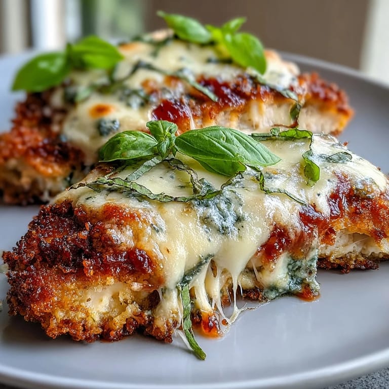 Sizzling skillet-baked Pesto Chicken Parmesan with bubbling cheese, pesto, and marinara, ready to serve with garlic bread for dinner.